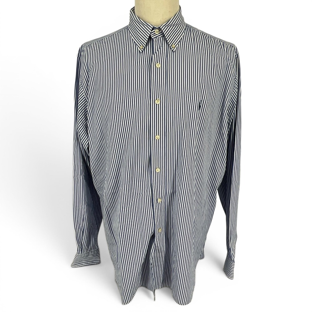 Ralph Lauren Mens XL Classic Fit Blue White Striped Button Down Shirt 17.5